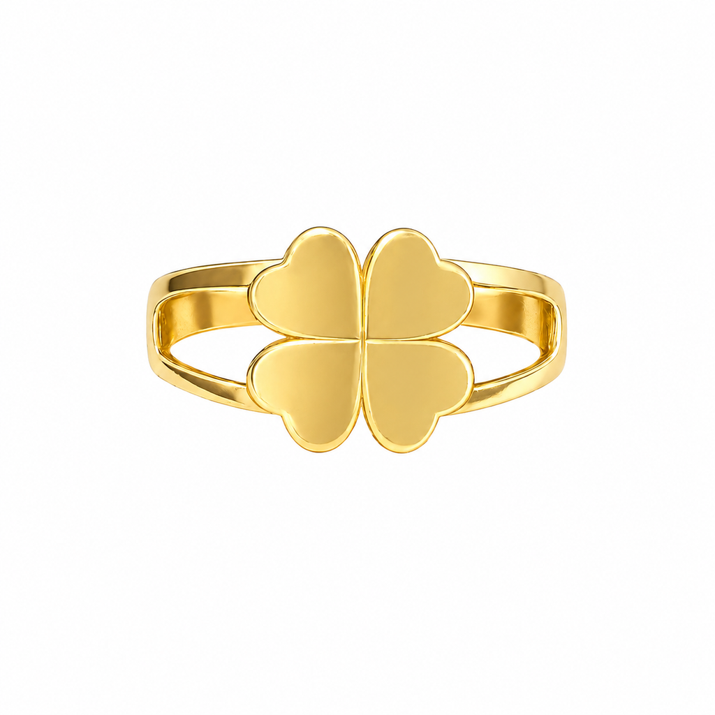 Anillo de oro italiano de 10K para mujer con trébol de cuatro hojas – Diseño de cuatro corazones