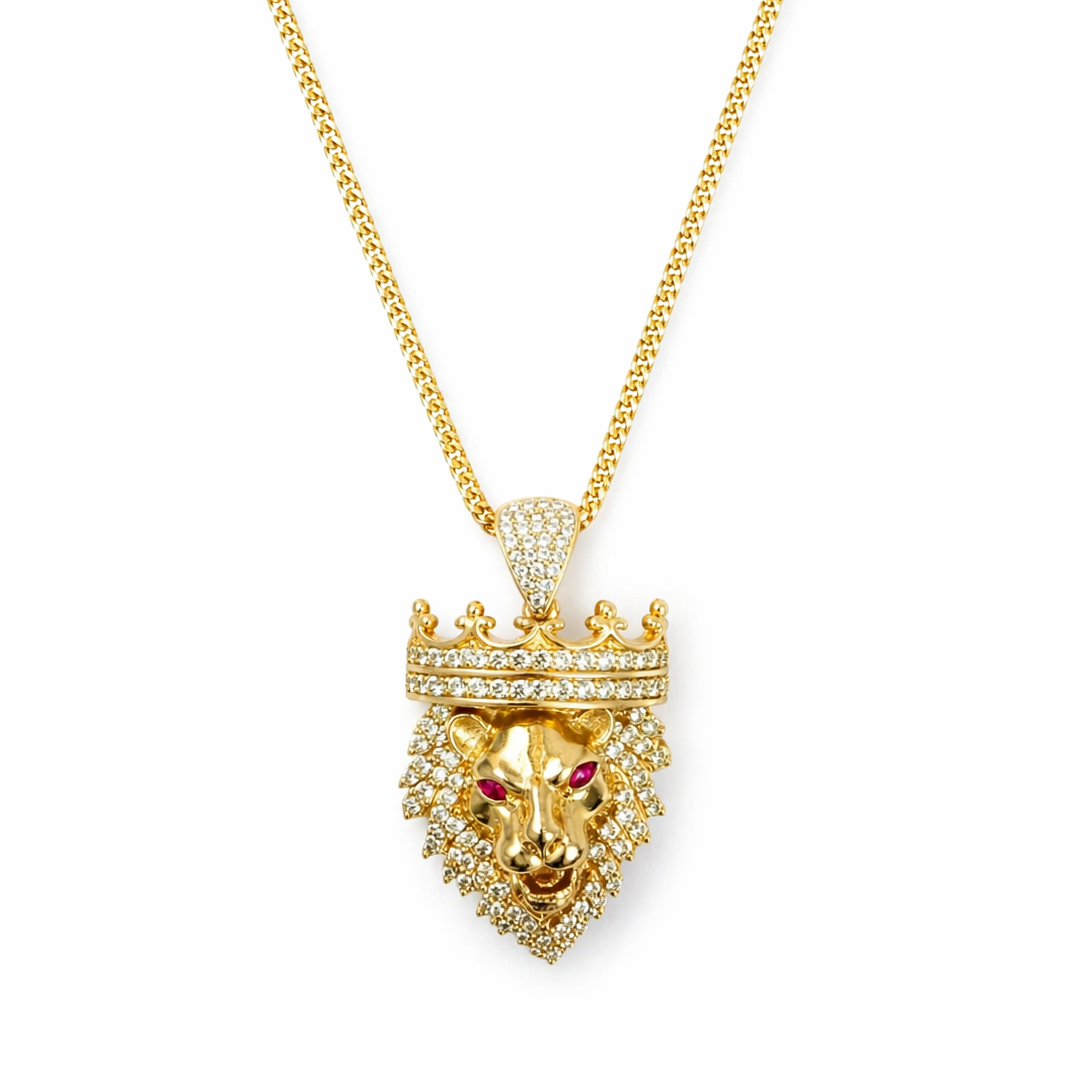 10K Gold Franco Chain with Lion Head Pendant & CZ Stones