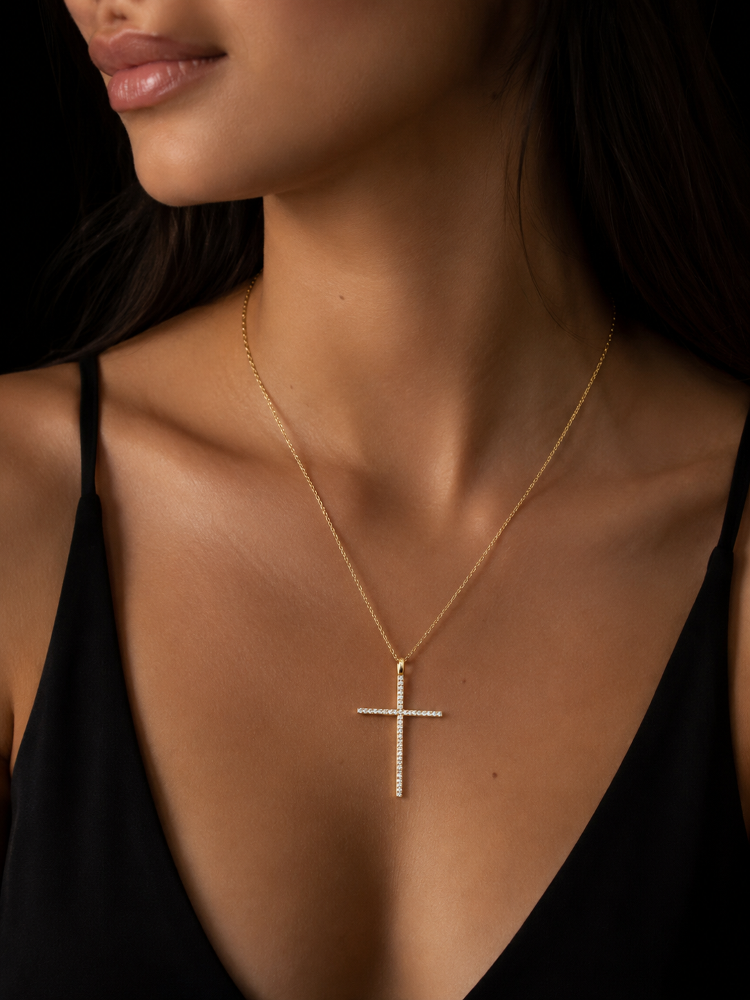 10K Italian Gold Fine Chain with Cross Pendant & Lab-Created Stones